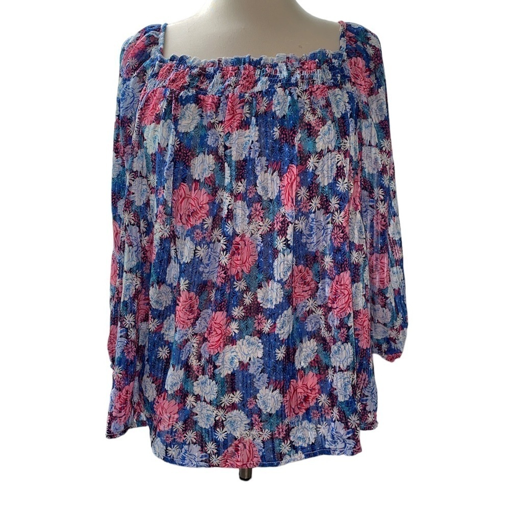 Umgee blouse peasant style sheer floral print 3/4” sleeves Size small NWT